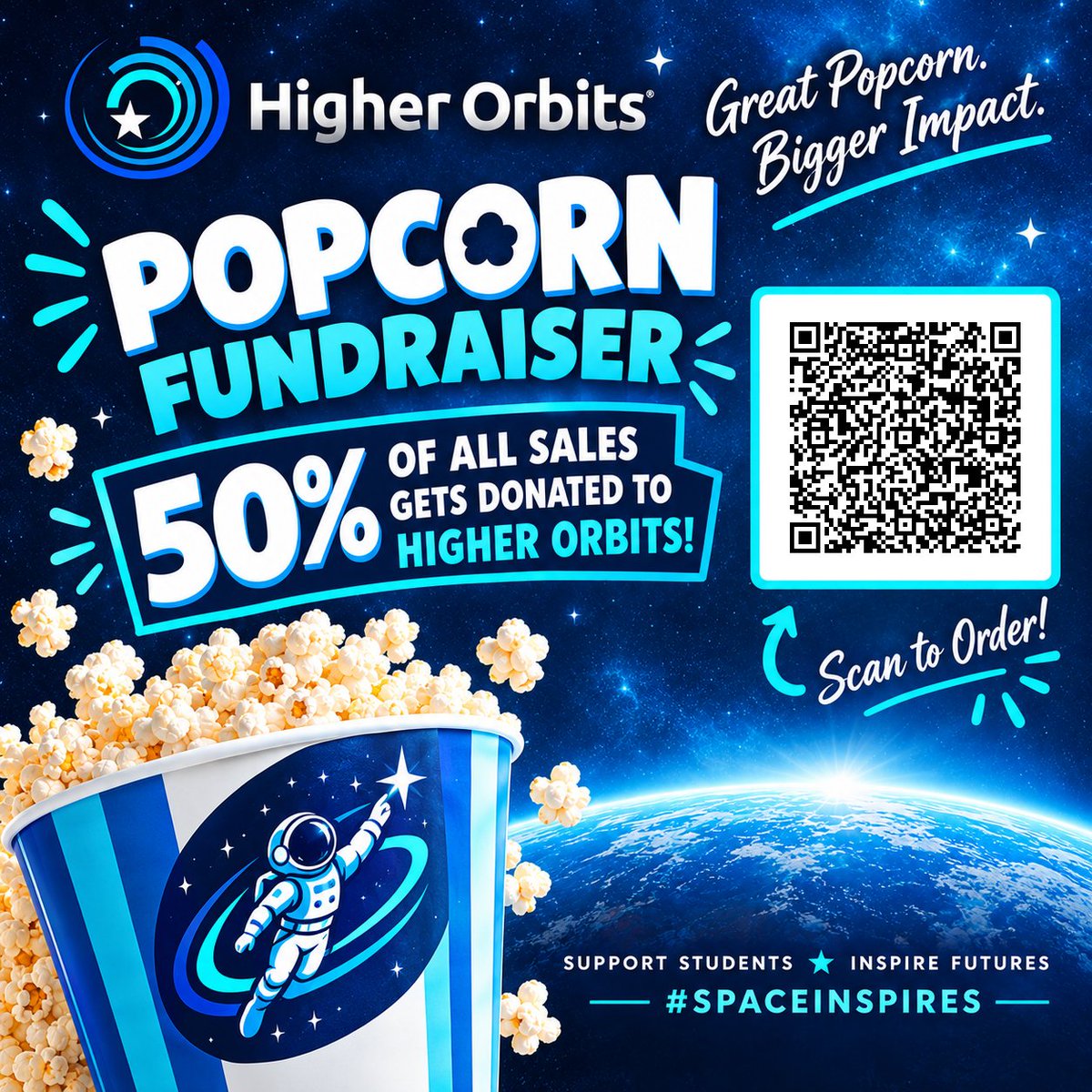 HigherOrbits's tweet photo. Our @DoADoubleGood Popcorn fundraiser is in the last 24 hours for @WorldSpaceWeek! 

Buy popcorn! 

Support Space Inspired STEM with Higher Orbits!

https://t.co/ClFeCVjogD

#SpaceInspires #STEM #STEAM #RocketRevolution https://t.co/BI3FNzbICA