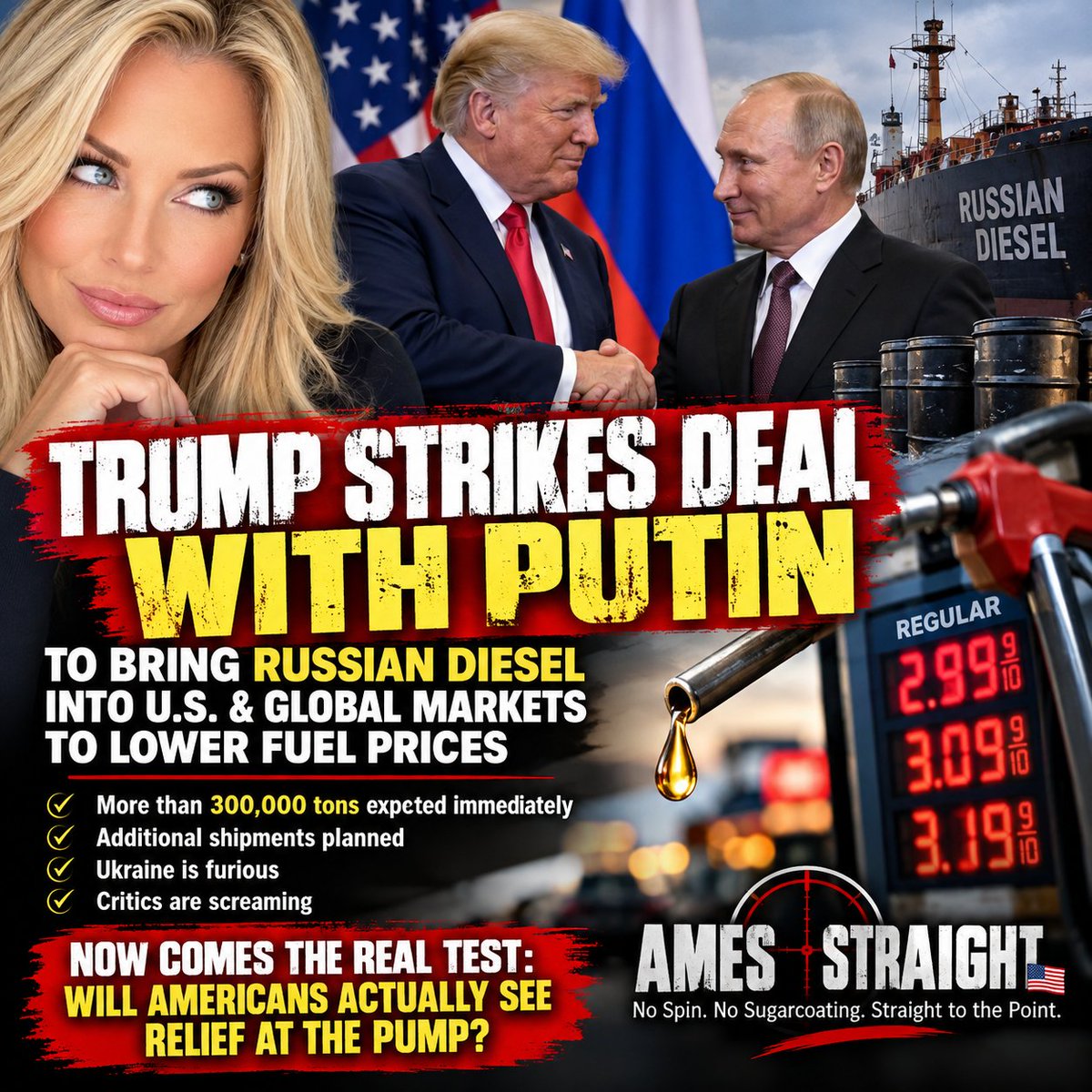 AmesStraight's tweet photo. 🚨 WELL, THIS SHOULD SEND THE POLITICAL MELTDOWN METER OFF THE CHARTS! 😂🍿

President Trump just announced a deal with Vladimir Putin to bring Russian diesel into American and global markets in an effort to lower fuel prices.

Russia is expected to release more than 300,000 tons immediately, with additional shipments planned.

Ukraine is furious. Critics are screaming. And Trump is focused on bringing fuel prices DOWN.

Now comes the real test: Will Americans actually see relief at the pump, or will this be a deal that looks better on paper?