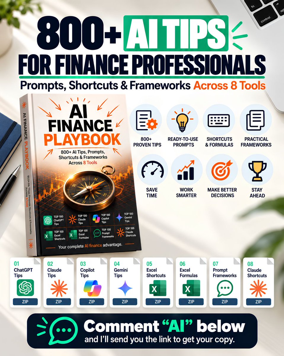 BoucherNicolas's tweet photo. The AI Finance Playbook
800+ tips to put you ahead of 99% of finance teams

I am limiting this launch to the first 100 comments, so be quick.

Most finance pros are stuck in "prompting purgatory."

They know AI is powerful.
But they jump between tools with no system, test random prompts, and get mediocre results.

No one gave them one place to actually learn every tool properly.

So I built it.
8 tools. 800+ tips, prompts, shortcuts and frameworks in one pack.

Here is what's inside:

1. Top 100 ChatGPT Tips
2. Top 100 Claude Tips
3. Top 100 Copilot Tips
4. Top 100 Gemini Tips
5. Top 100 Excel Shortcuts
6. Top 100 Excel Formulas
7. Top 100 Prompt Frameworks
8. Top 100 Claude Shortcuts

This is your complete AI finance advantage. Learn it, apply it, and stop losing hours every week to work AI can do in minutes.

Why listen to me?

I've trained 70,000+ finance pros and work with brands like Mercedes-Benz, KPMG and Rakuten on AI in Finance.
Companies normally pay me $20,000 for the workshops where I teach this.

Bonus: when you comment, I'll also send your free seat to my upcoming AI Finance Masterclass.
(Copies are limited, so react fast!)

🔁 Repost to help a colleague who is still doing finance the old way.
