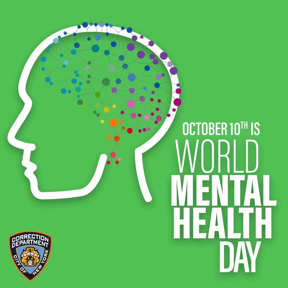 CorrectionNYC's tweet photo. Oct. 10 is #WorldMentalHealthDay, a worldwide initiative that aims to raise awareness about mental health and promote conversations that make mental health care a priority. 

Today, #NYCDOC renews its commitment to work with community partners to support mental health and other wellness services. 

Through its crisis line, 988, interagency partner @nycHealthy provides free talk, text, or chat support for anyone in need of mental health help. Counselors are available 24/7, 365 days a year. 

Learn more today at https://t.co/koOPDGUcXY.
