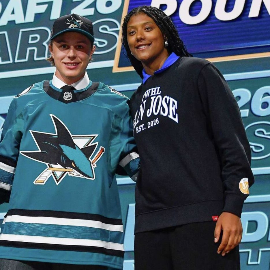 waytogorobin13's tweet photo. From her announcing he was drafted by the Sharks to him wearing her team’s jersey 🥹🩵🧡 https://t.co/gavpCJSk5S