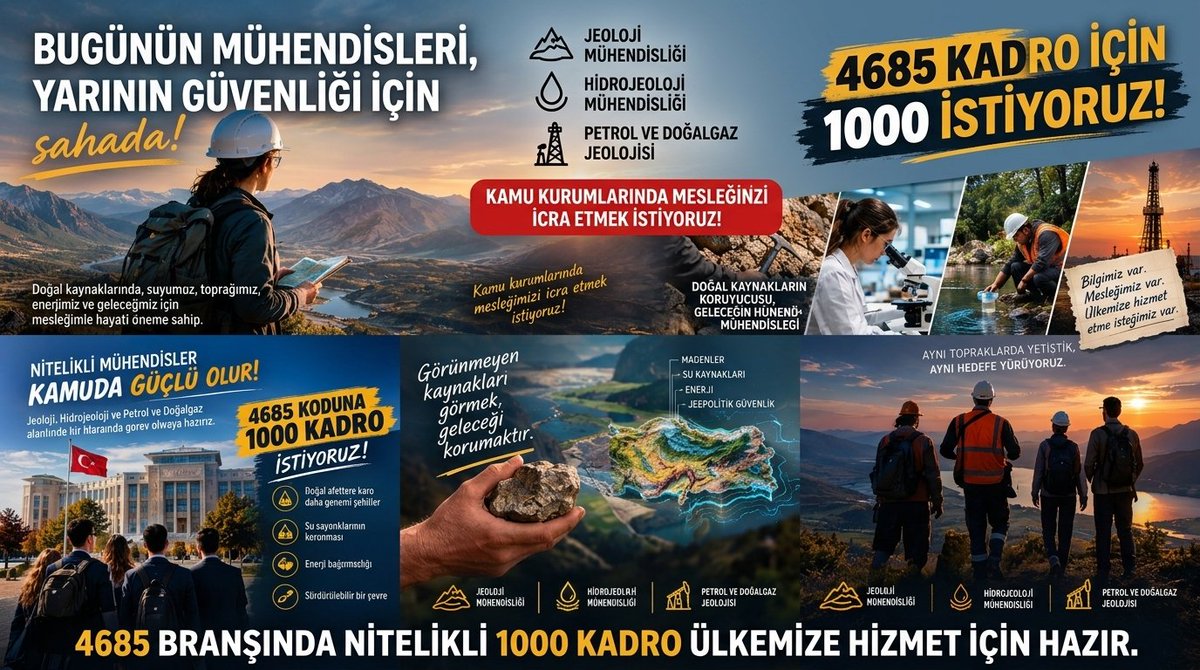 JeoGencNet's tweet photo. 📢 2026 KPSS’DE 4685 KODUNA 1000 MERKEZİ ATAMA!

@iletisim @TCSanayi @csbgovtr @AFADBaskanlik @TCEnerji @dsigovtr @MTAGenelMd

Afet risklerinin azaltılması, su kaynaklarının korunması ve enerji güvenliği için Jeoloji, Hidrojeoloji ve Petrol ve Doğal Gaz Jeolojisi mühendisleri göreve hazır!

Kurumlar ihtiyaçları belirlesin, 1000 kadro açılsın!

#JeolojiMüh1000Kadro