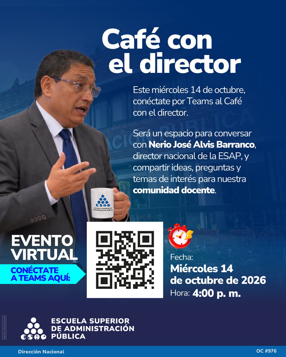 ESAPOficial's tweet photo. #CaféVirtual ☕ Este miércoles 14 de octubre, te invitamos a conectarte por Teams al #CaféConElDirector, un espacio para conversar con Nerio José Alvis Barranco, director nacional de la ESAP, compartir ideas, preguntas y temas de interés para nuestra comunidad docente.

Un encuentro para encontrarnos, conversar y escuchar las inquietudes.