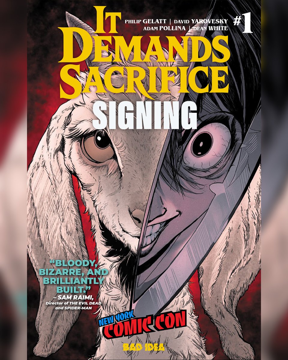 badideahello's tweet photo. Pick up a copy of IT DEMANDS SACRIFICE!on the Javits show floor and get your New York Comic-Con exclusive early release copy signed by two of the masterminds behind IT DEMANDS SACRIFICE! 

Emmy Award-winning screenwriter Philip Gelatt (Netflix's LOVE, DEATH & ROBOTS) and acclaimed filmmaker Dave Yarovesky (BRIGHTBURN) will be at both the Trinity Comics booth on Saturday, October 10th at 2:00PM - 3:PM! Hurry over and get your copy signed!