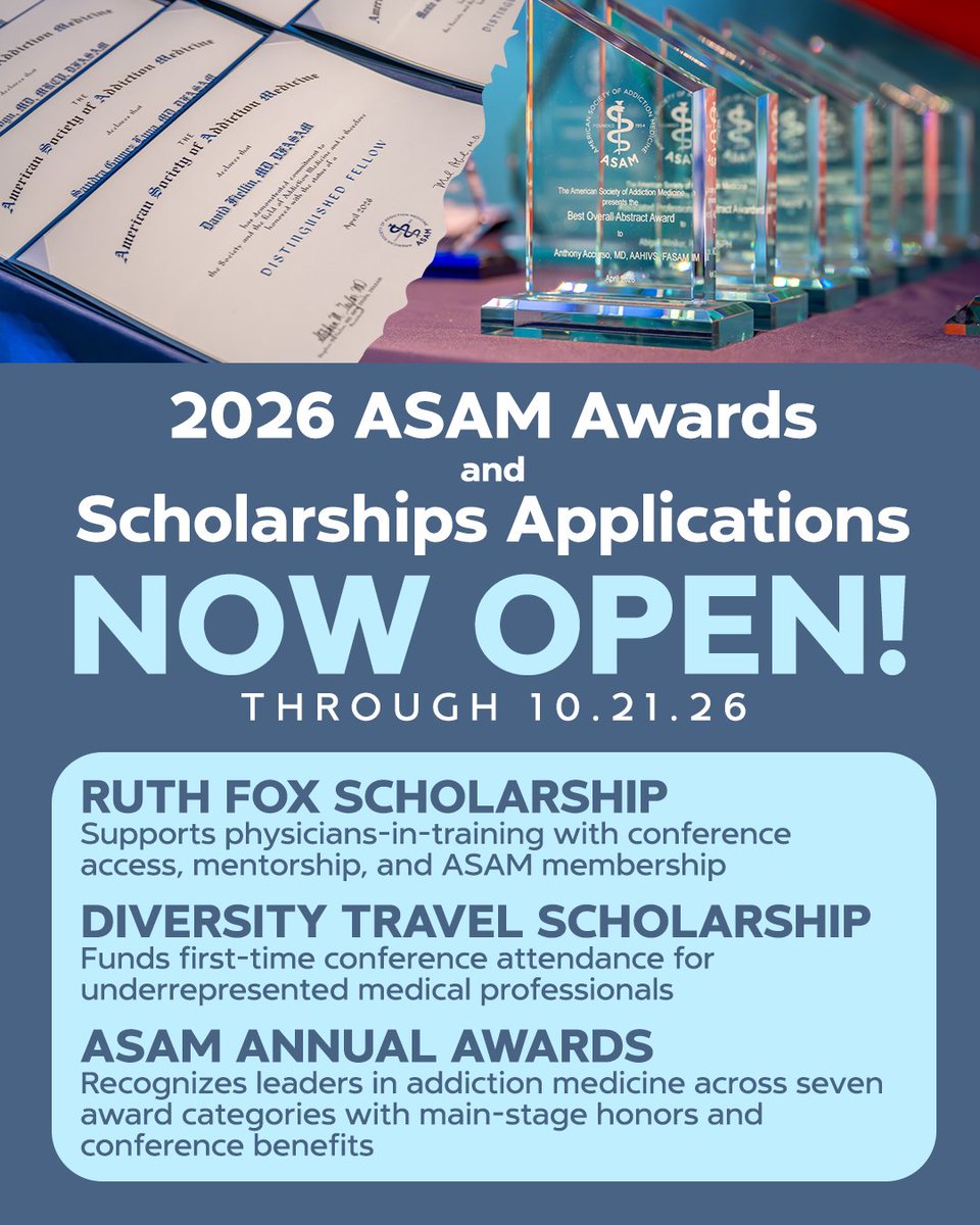 ASAMorg's tweet photo. 🏆 Learn more about our ASAM Awards &amp; Scholarships and apply before 10/21! >> https://t.co/g9HEWocRkc 

#ASAM #AddictionMedicine #AddictionTreatment #ASAMAwards #Scholarship https://t.co/YBlagwindW