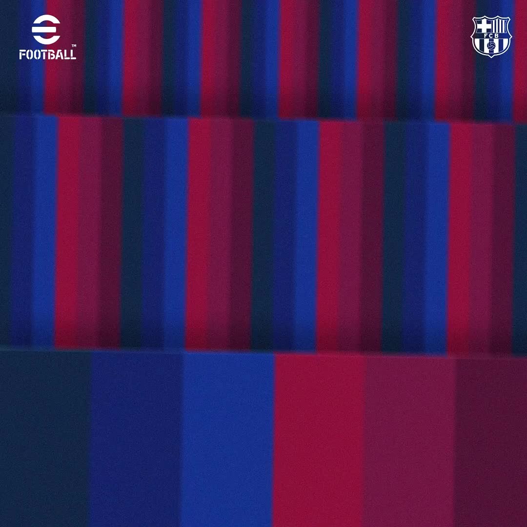 A close-up view of FC Barcelona's iconic blue and red striped fabric, featuring the "eFootball™" logo and the FCB crest, celebrates Jules Koundé's goal that extends the team's lead to 3-0 at the 73rd minute.