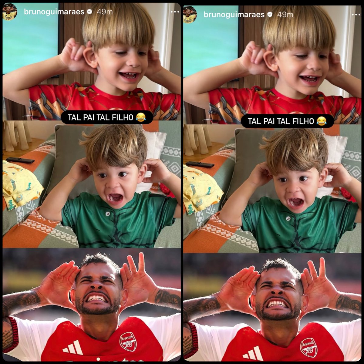 Arsenalnewschan's tweet photo. 🥹Bruno Guimarães posting a photo on IG tonight of both of his sons doing his celebration after his winning goal for #Arsenal against Leeds today. 🇧🇷 ❤️ https://t.co/VkAix1f9Sd