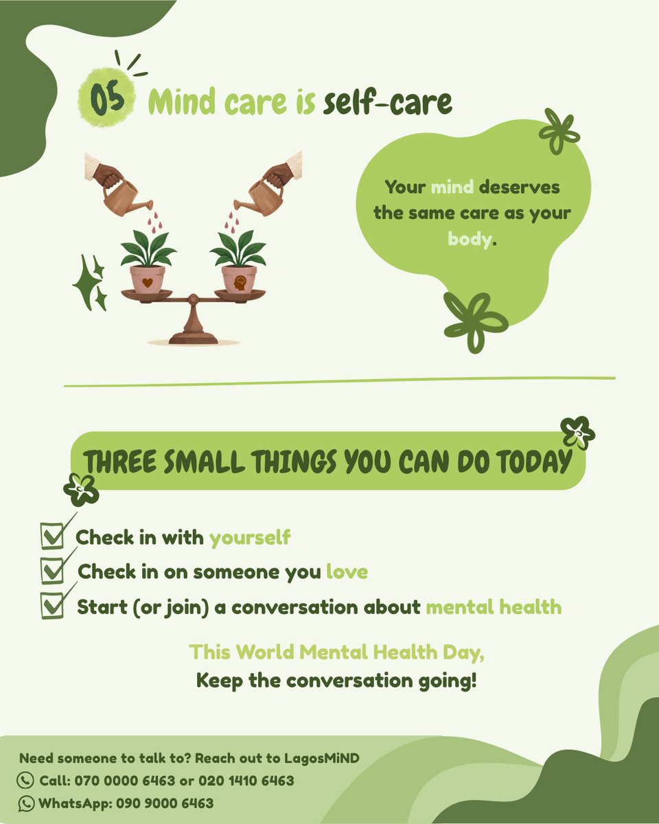 LagosMiND's tweet photo. This World Mental Health Day, here are 5 things worth remembering.

Remember always be kind to yourself, and check in on someone you care about. 

Swipe to read more.
#WorldMentalHealthDay #LagosMiND #MentalHealthMatters https://t.co/EJWmKRMGoq