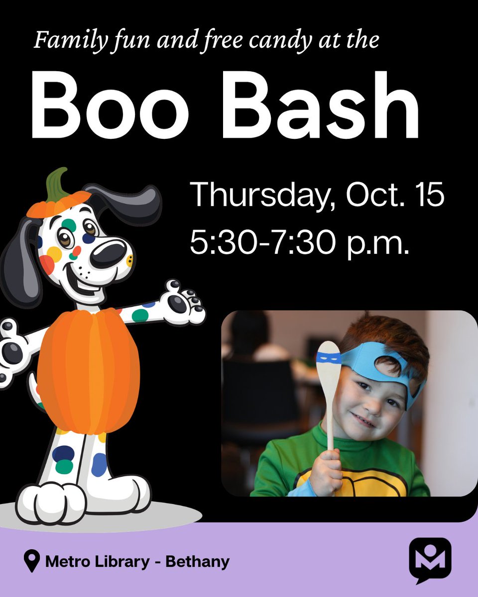 MetroLibraryOK's tweet photo. Looking for a not-so-spooky way to celebrate Halloween? We've got you covered. 👻

Bring the whole family to Metro Library - Bethany on Oct. 15 for candy, prizes, costumes and plenty of Halloween fun!

Learn more: https://t.co/DArdFPcphY https://t.co/MnylsoevFt