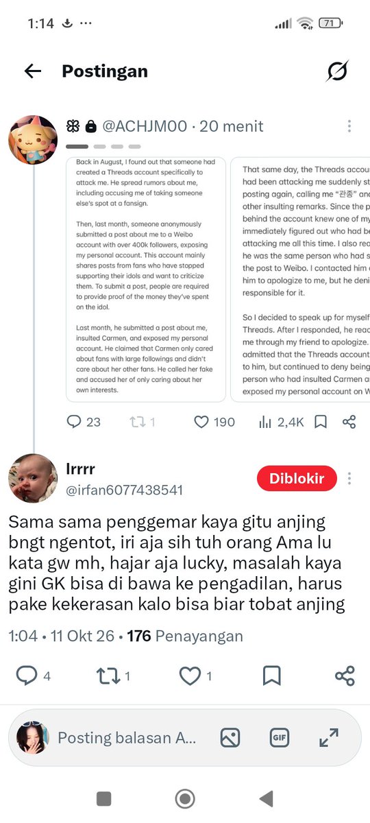 NElmaheer's tweet photo. Sia*... 
Ada akun anomali ngerecokin postingan nya lucky, tolong langsung R&amp;B aja Hachu,
Sekalian komentarnya juga di R&amp;B, tolong mimin..!! 
@ProtectH2H @carmen_protect @H2HCARMEN_INA https://t.co/oaMPiJETBx