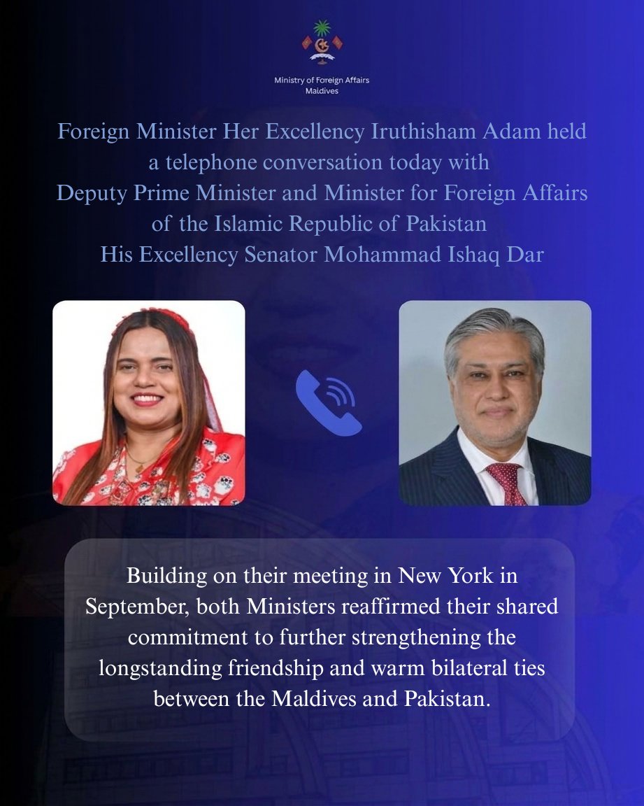 MoFAmv's tweet photo. Foreign Minister @IruthishamAdam held a telephone conversation with Senator @MIshaqDar50, Deputy Prime Minister and Foreign Minister of Pakistan, today.
@ForeignOfficePk https://t.co/V8Q3wpCtJk
