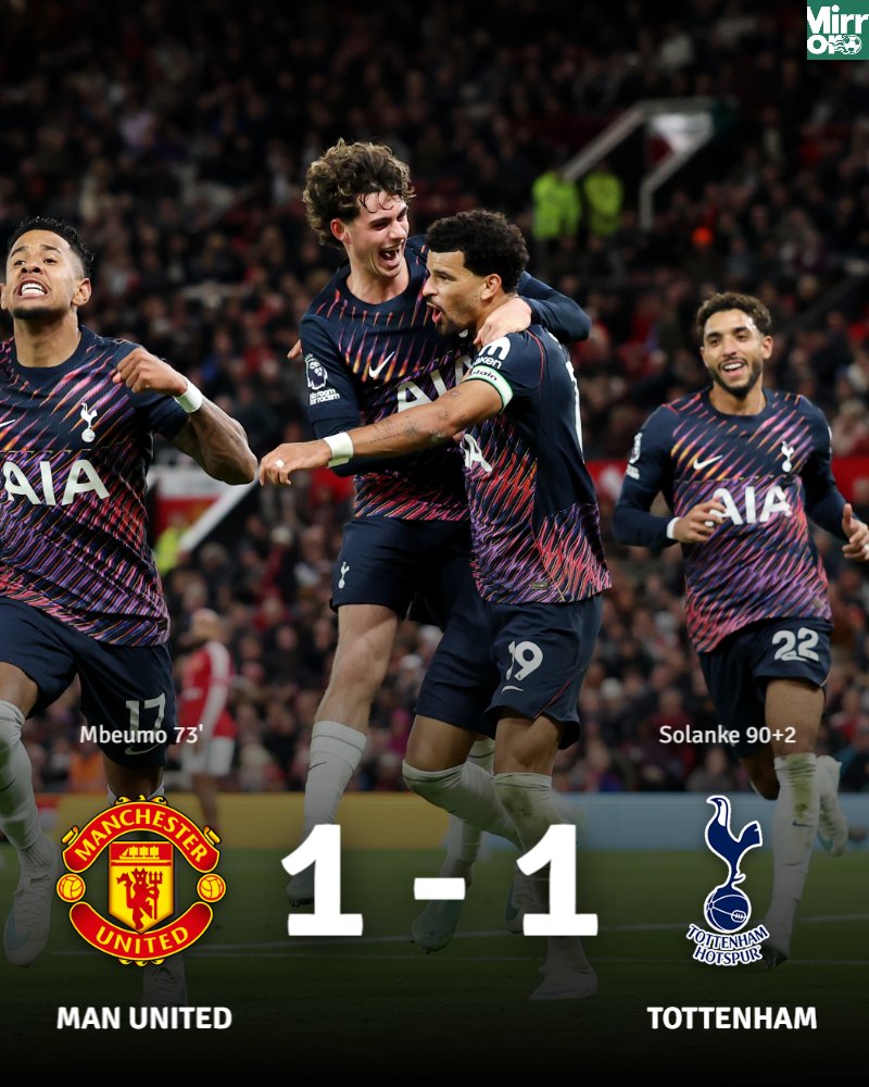 MirrorFootball's tweet photo. ⏱️ FULL TIME 

Manchester United 1-1 Tottenham 

#MUNTOT https://t.co/dxVjOWQpfp
