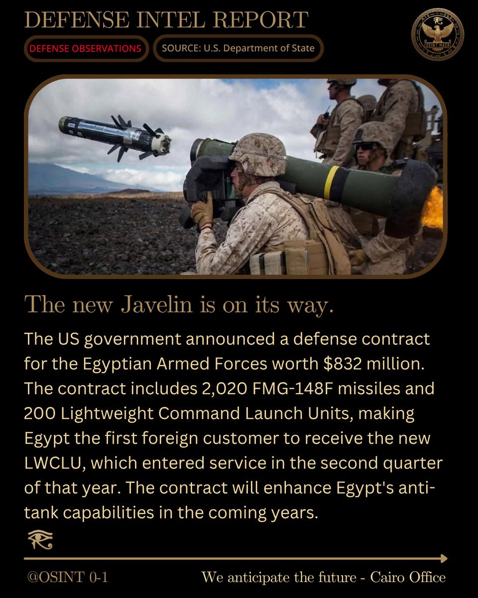 OSINT_MASR's tweet photo. Over the past five years,
the United States has significantly eased arms embargoes on Egypt, a stark contrast to previous decades. This includes the supply of FGM-148F Javelin missiles and LWCLU, one of the most important deals in this field https://t.co/0wGG8xpXC5