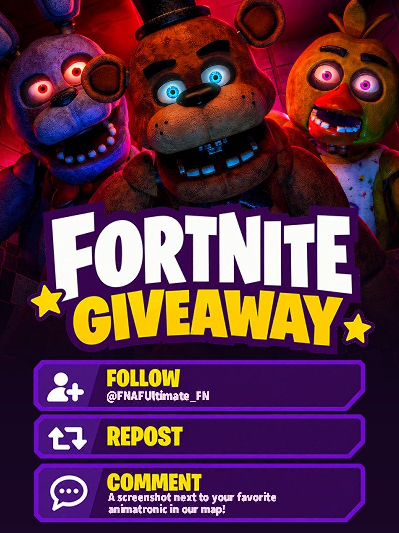 FNAFUltimate_FN's tweet photo. 🎁 FNAF x FORTNITE BUNDLE GIVEAWAY!

Want the FNAF Bundle for FREE?

1️⃣Follow @FNAFUltimate_FN
2️⃣Repost / Retweet this
3️⃣Reply with a screenshot of yourself next to your favorite animatronic on our island + your Fortnite username!

🏆 Winner announced Oct 19 at 6 PM BRT! https://t.co/mCbLS23rZQ