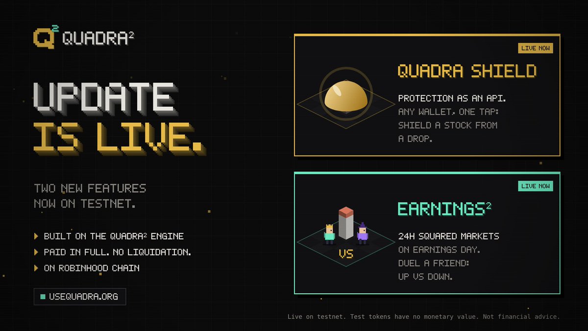 UseQuadra's tweet photo. The update is LIVE ⚡

◆ QUADRA SHIELD: own a stock and scared it’ll crash? Tap once, pay a small fee, and if it falls past your line you get the difference back.

⚔ EARNINGS²: big company reports earnings, stock jumps or dumps. Pick up or down for 24h, or duel a friend. Winner takes the pot.

Try both free on testnet ▸ https://t.co/J9NvwW2Pcd