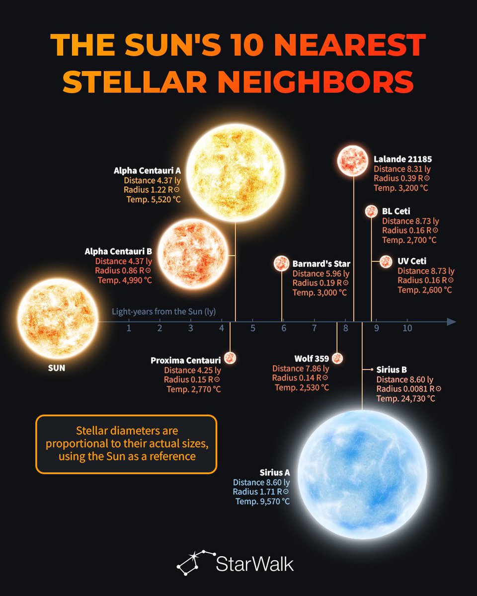 StarWalk's tweet photo. 🌟 Meet the Sun’s 10 nearest stellar neighbors!

Our cosmic neighborhood is full of surprises! 🌌

🔴 Proxima Centauri is our closest stellar neighbor, just 4.25 light-years away. Along with Alpha Centauri A and B, it belongs to the nearest star system to the Sun.

✨ Barnard’s Star is famous for its rapid motion across the sky, while Wolf 359 and Lalande 21185 are faint red dwarfs invisible to the naked eye.

💙 Sirius A is the brightest star in our night sky, while its tiny companion, Sirius B, is a white dwarf — much smaller than the Sun but incredibly hot!

🔥 BL Ceti and UV Ceti are flare stars that can suddenly increase in brightness.

☀️ Fun fact: Most of our closest stellar neighbors are small, cool red dwarfs, not bright stars like the Sun!

📏 All stars in the infographic are shown to scale, with their sizes relative to the Sun.