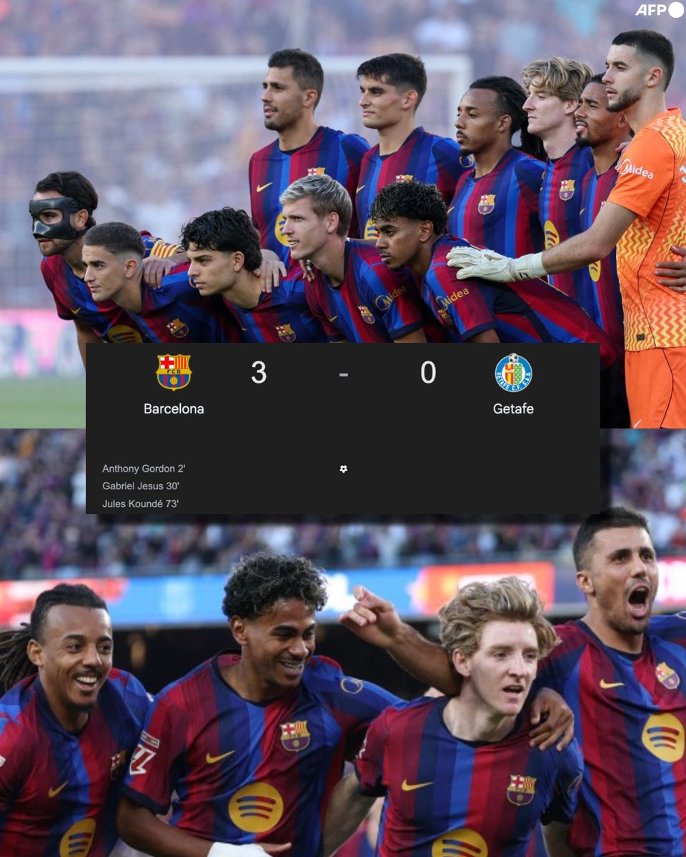 InvictosSomos's tweet photo. ¡¡EL FC BARCELONA DE HANSI FLICK VOLVIÓ A GOLEAR EN LA LIGA DE ESPAÑA!!

Nada puede frenar al equipazo de Hansi Flick.

Ni el parón por la fecha FIFA ni la ausencia de Raphinha afectó al Barça en su partido ante el Getafe. Actuación contundente, triunfo cómodo. Anthony Gordon mostró el camino, Gabriel Jesús sentenció y Jules Koundé, tras una gran asistencia de Lamine Yamal, puso cifras definitivas.

Una goleada más a la cuenta del MEJOR EQUIPO DEL MUNDO EN LA ACTUALIDAD.

Una victoria más para mantenerse como LÍDERES ABSOLUTOS CON PASO PERFECTO. 

LOS CULÉS ESTÁN IMPARABLES.