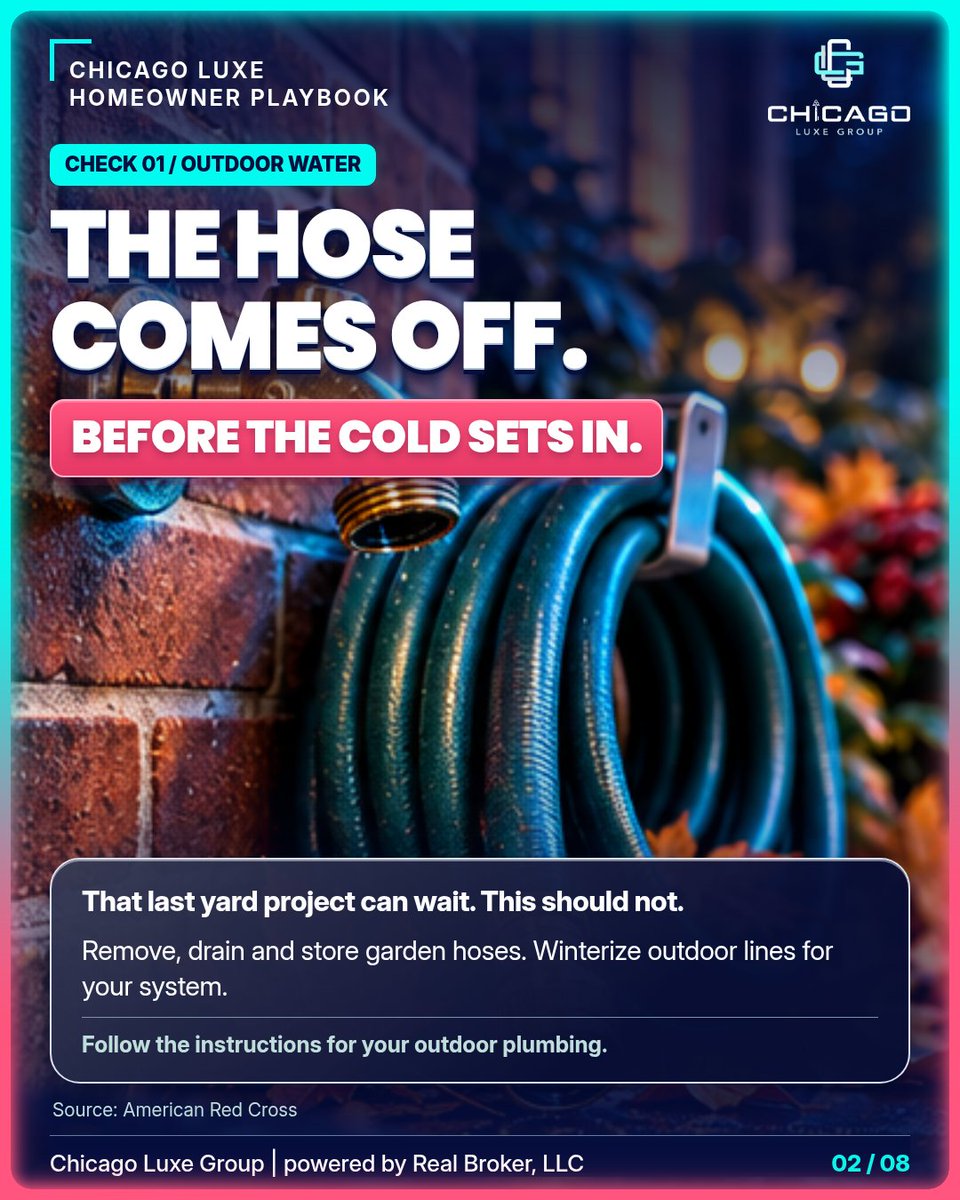 ChicagoLuxeGRP's tweet photo. Don’t wait for the first freeze. Save these five checks and start with your outdoor hoses today.

Planning a move in Chicago or the North Shore? Call or text Mike: 872-246-7666.

#ChicagoLuxeGroup #HomeMaintenance https://t.co/Mfiu2jZVIv