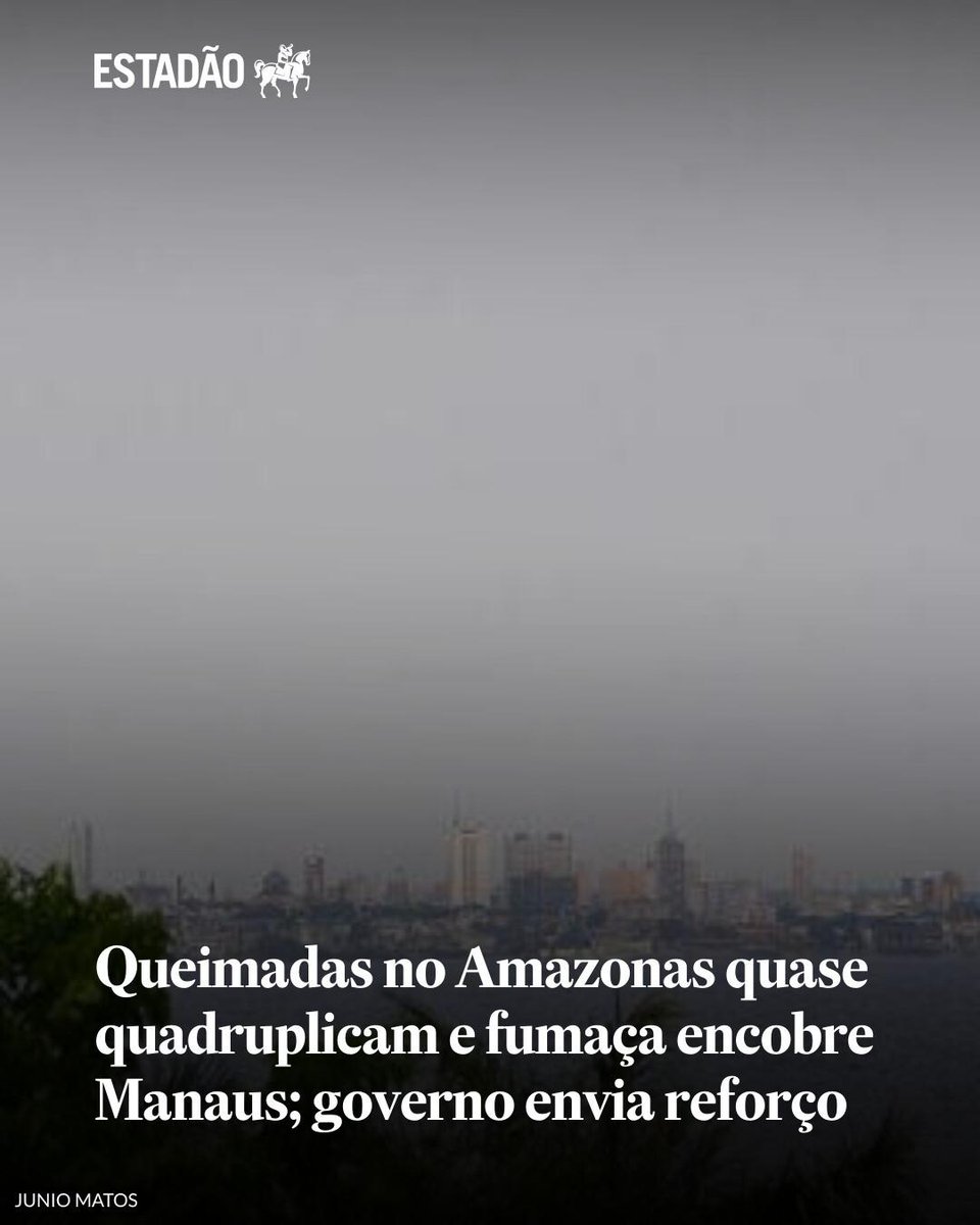 Estadao's tweet photo. Queimadas no Amazonas quase quadruplicam e fumaça encobre Manaus; governo envia reforço | Estado registrou 3.726 focos de calor em setembro, quase quatro vezes o total do mesmo mês de 2025; em Manaus, fumaça levou à suspensão de aulas e motivou alerta ... https://t.co/kajKO2uYHV https://t.co/GFEYH0Btqs