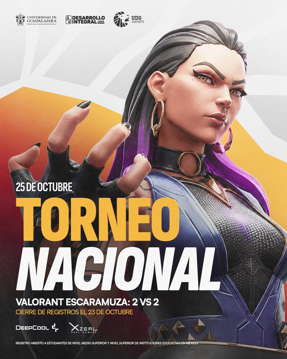 EsportsUdeG's tweet photo. 🔥🔫 ¡REGRESA EL VALORANT!
Los invitamos a participar en nuestro torneo en parejas de VALORANT Escaramuza este 25 de octubre. 🏆
Abierto para estudiantes de todo México. 🇲🇽🎓
¡Registrate ahora en el forms del primer comentario! 👇
#UDGEsports #UniversidadDeGuadalajara 🦁 https://t.co/sWQ3Xht5Z6