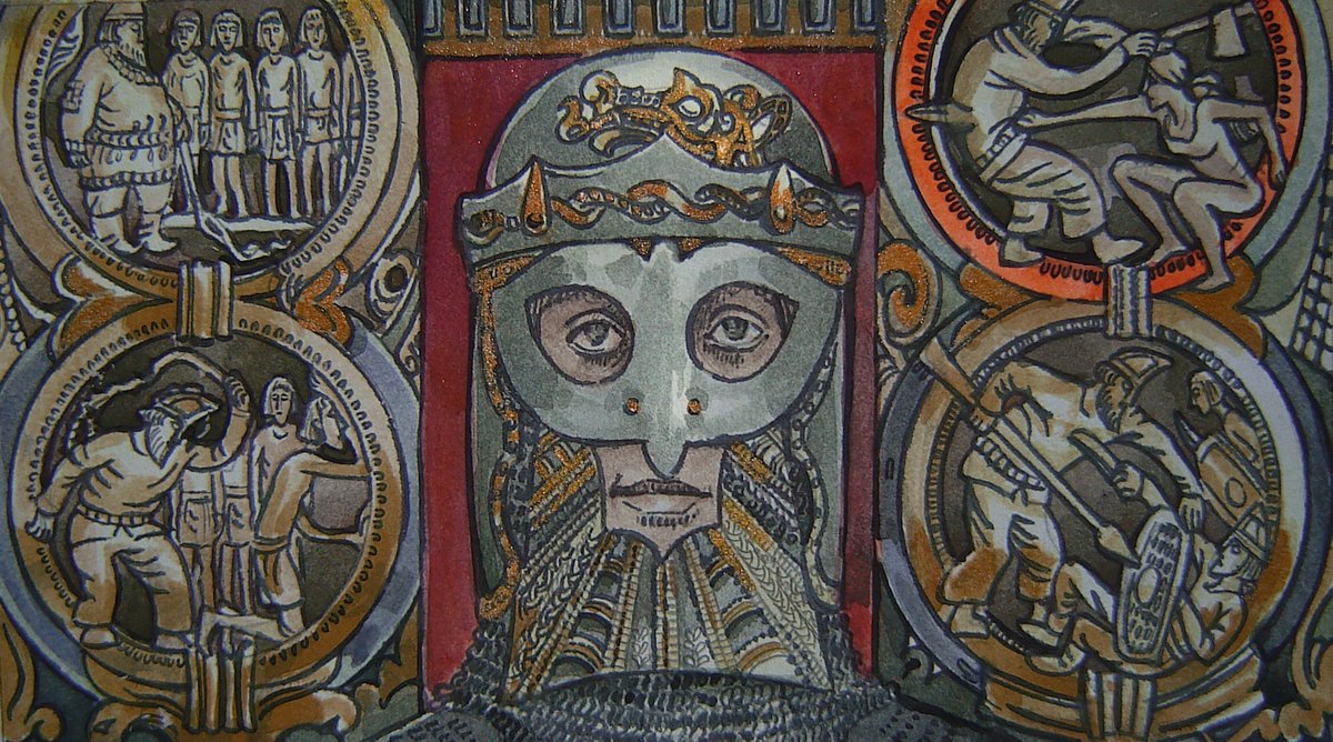 Medieval illuminated manuscript detail featuring a crowned figure with large eyes surrounded by circular medallions depicting various scenes.
