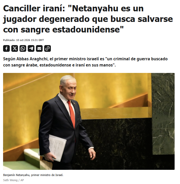 ActualidadRT's tweet photo. "Netanyahu es un criminal de guerra buscado con sangre árabe, estadounidense e iraní en sus manos. Para escapar de la Justicia, no tiene consideración alguna por su propia gente tampoco", escribió en su cuenta de X. https://t.co/3PCmMWTONX