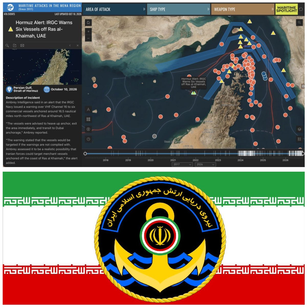 RyanRozbiani's tweet photo. Iran's IRGC Navy Issues WARNING to Six Ships Near UAE

Iranian forces are ordering the six vessels to LEAVE IMMEDIATELY and move south toward Dubai's anchorage. https://t.co/blwlY4d6Kh