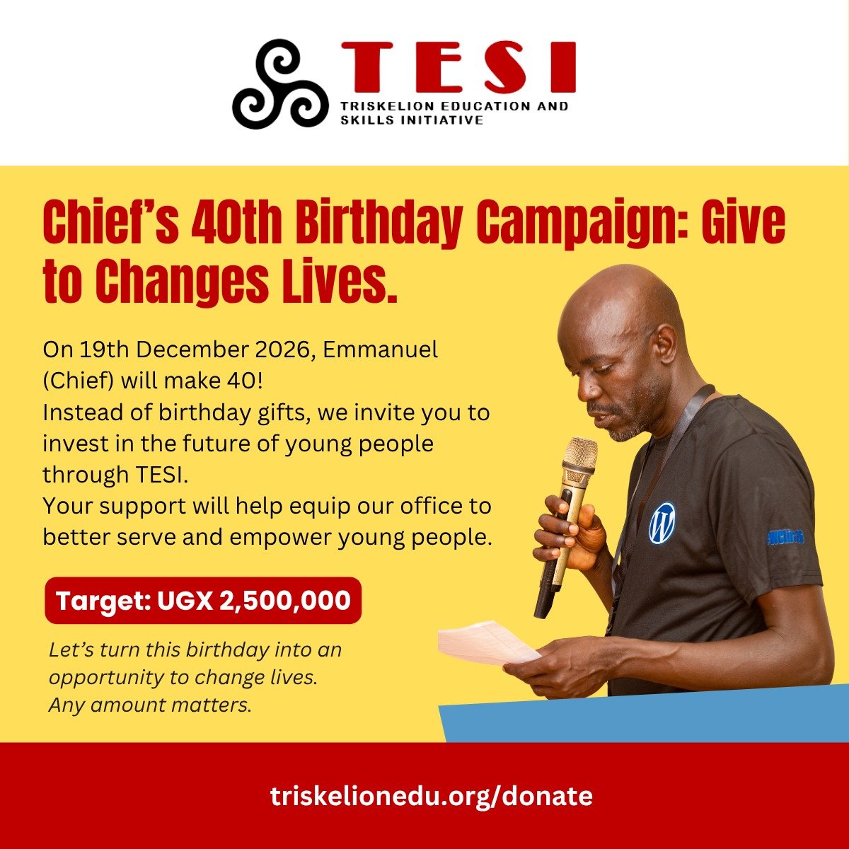 angodaemmanuel's tweet photo. As I celebrate my 40th birthday on 19 December 2026, I invite you to join me in making a difference. We are seeking your support to equip @triskelionedu2 so we can serve better. Any amount matters. #repost 
Donate Now: https://t.co/tpxjR42G6I https://t.co/K35hKtFRRo