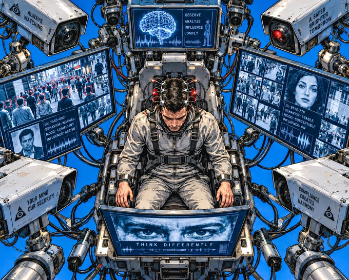 A futuristic sci-fi illustration depicting a man strapped into a control chair surrounded by surveillance cameras and monitors displaying faces, crowds, and text including 'ALWAYS WATCHING,' 'OBSERVE ANALYZE INFLUENCE COMPLY,' and 'THINK DIFFERENTLY.'