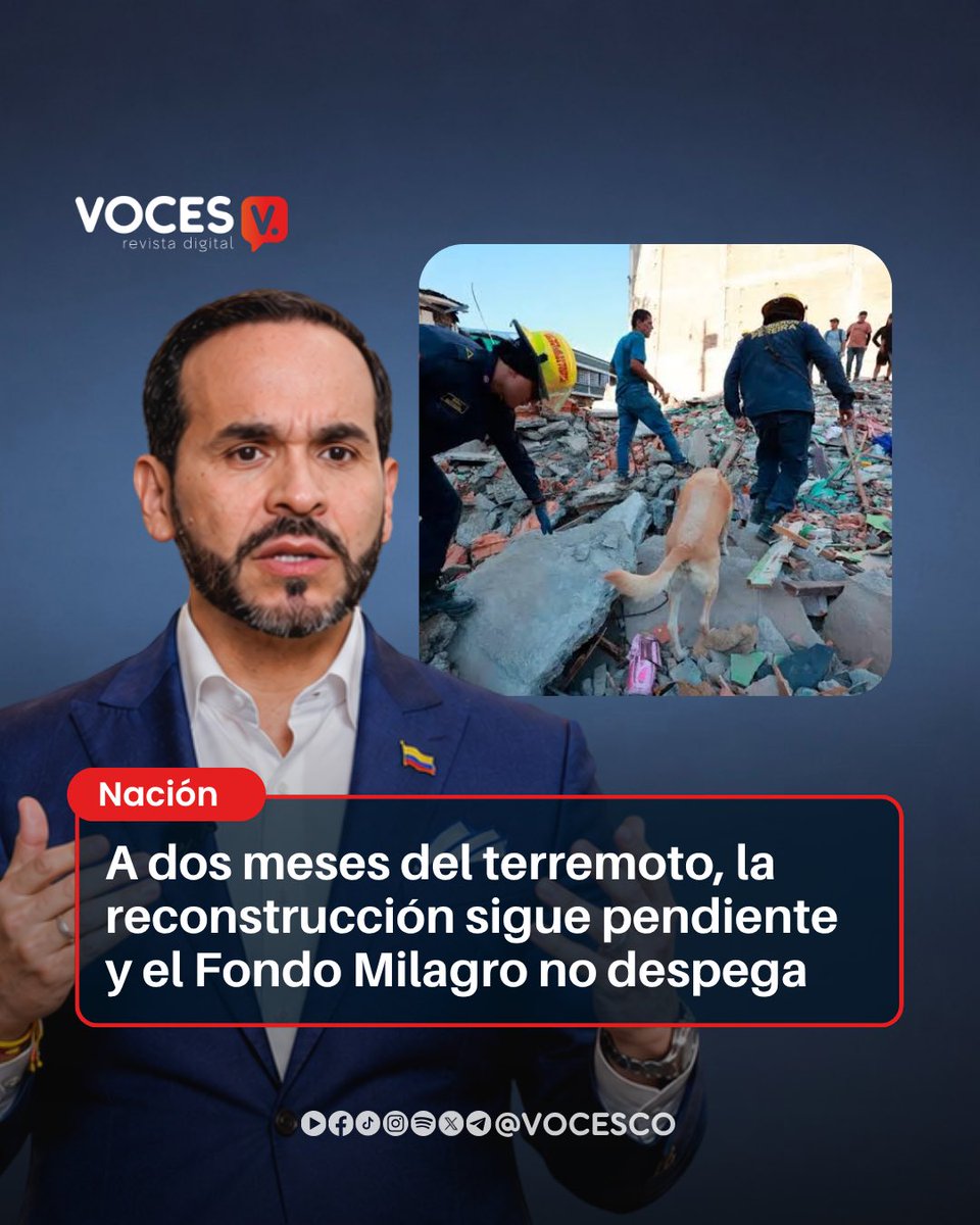 vocesco's tweet photo. #Voces | A dos meses del terremoto de magnitud 7,4 que golpeó el occidente de Colombia y dejó más de 300 muertos y cerca de 487.000 personas afectadas, la reconstrucción de las zonas damnificadas avanza lentamente. Varios compromisos anunciados por el Gobierno de Abelardo de la Espriella continúan pendientes, mientras las comunidades siguen esperando soluciones para recuperar sus viviendas y sus condiciones de vida.

Uno de los principales cuestionamientos se centra en el Fondo Milagro, creado para administrar recursos públicos y privados destinados a la emergencia. Aunque el presidente anunció el 6 de octubre que el mecanismo estaba listo, todavía faltaban la posesión del gerente nacional, Jaime Andrés Uribe, y la conformación efectiva de su consejo directivo. El fondo ya había acumulado retrasos que dificultaron el traslado de los recursos inicialmente asignados para la reconstrucción.

En materia de vivienda, los avances siguen siendo reducidos frente a la magnitud de los daños. En Cali se demolieron inmuebles afectados y se entregaron diez viviendas entre una casa y nueve apartamentos, una cifra limitada frente a las cerca de 9.000 familias identificadas en máximo riesgo por la pérdida de sus hogares. En Quibdó, mientras tanto, se entregó la primera vivienda de un programa que contempla 500 unidades.

La situación también evidencia diferencias entre territorios. En Pereira, organizaciones sociales y del sector privado han impulsado iniciativas de apoyo mientras el Fondo termina de organizarse. En el Chocó, uno de los departamentos más afectados, la asistencia se ha concentrado en ayudas económicas, materiales de construcción y maquinaria, sin que los principales proyectos de infraestructura hayan avanzado de manera significativa.