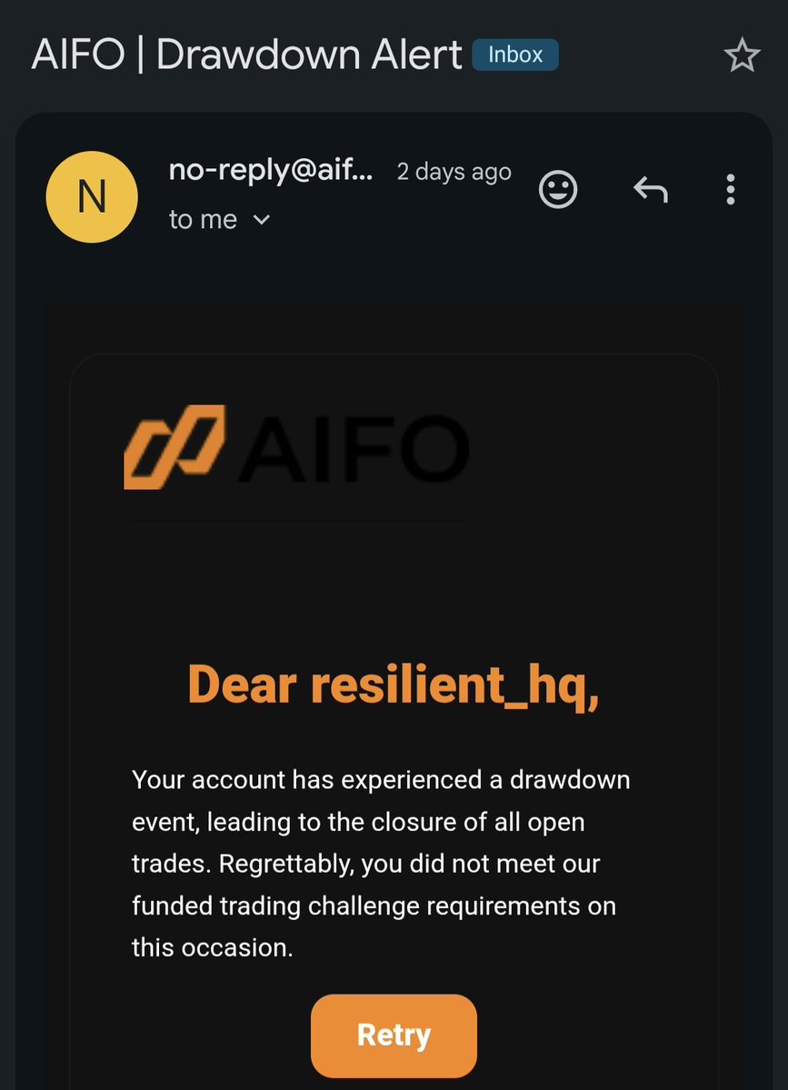 RESILIENT_HQ's tweet photo. I breached my @AifoFunding $5K evaluation account in Phase 1.

But  when I originally purchased the account, the offer included a FREE retry

@AifoFunding has now sent me fresh Phase 1 credentials, meaning I have officially been handed another opportunity to take on the challenge.