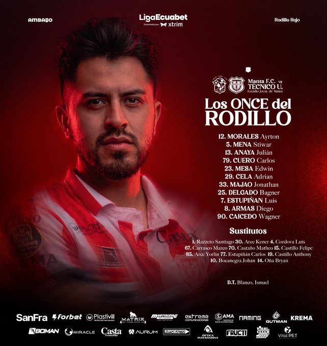 laredecuador's tweet photo. ¡Partido en el Jocay! ⚽

Así forman @MantaFutbolClub 🔵 y @TecnicoUOficial 🔴 para su duelo por la fecha 2 del hexagonal de descenso de la LigaPro. https://t.co/Wmf65f4RjL
