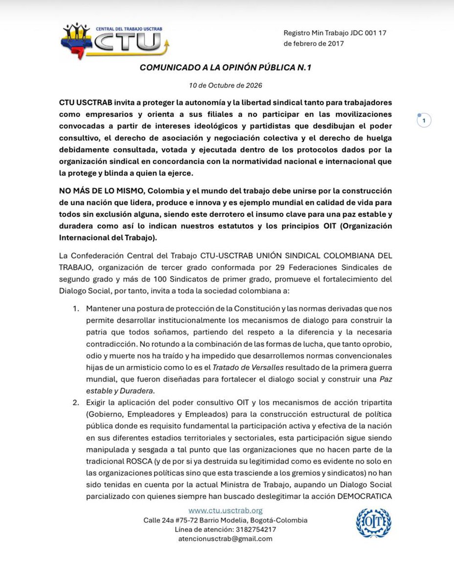 usctrab's tweet photo. Comunicado a la Opinión Pública CTU-USCTRAB.
@DAFP_COLOMBIA @infopresidencia @MintrabajoCol @STransparencia @MinInterior @Mineducacion @MinHacienda @OITAndina @ILOPubs https://t.co/s54lApvxq9