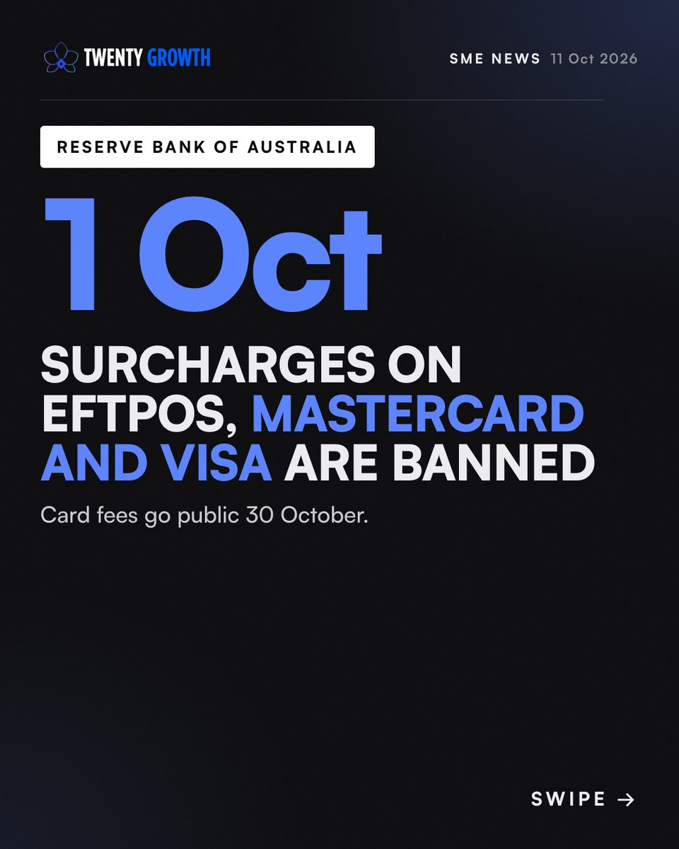 TwentyGrowth's tweet photo. Australia banned card surcharges on eftpos, Mastercard and Visa from 1 Oct. No automatic exemption for small businesses. Card fees go public from 30 Oct.

The cost hasn't gone. It now sits in your prices or your margin.

https://t.co/Jn9cbUye73 https://t.co/jnhDerl2Qx