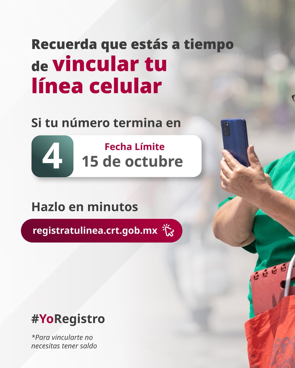 CRTGobMX's tweet photo. ¿Tu número celular termina en 4️⃣?

📲Aún estás a tiempo de vincular tu línea. Tienes hasta el 15 de octubre para realizar el proceso.

Hazlo en minutos y mantén tu línea activa.

🌐Ingresa a https://t.co/5fdrUWqeql y ubica el portal de tu compañía para completar la vinculación.

#YoRegistro