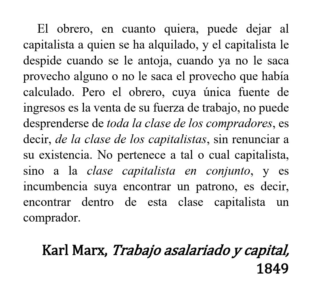 ProletariaClase's tweet photo. ¿Por qué no existe —ni podría existir— libertad para los obreros bajo la sociedad de clases capitalista?

Karl Marx: https://t.co/PzSxVNqdse