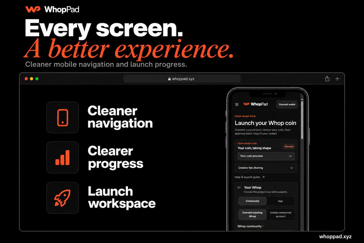 WhopPad's tweet photo. cleaned up whoppad on mobile.

better sidebar layout, cleaner launch navigation, progress easier to follow.

every screen matters. https://t.co/QHy4MzGOny