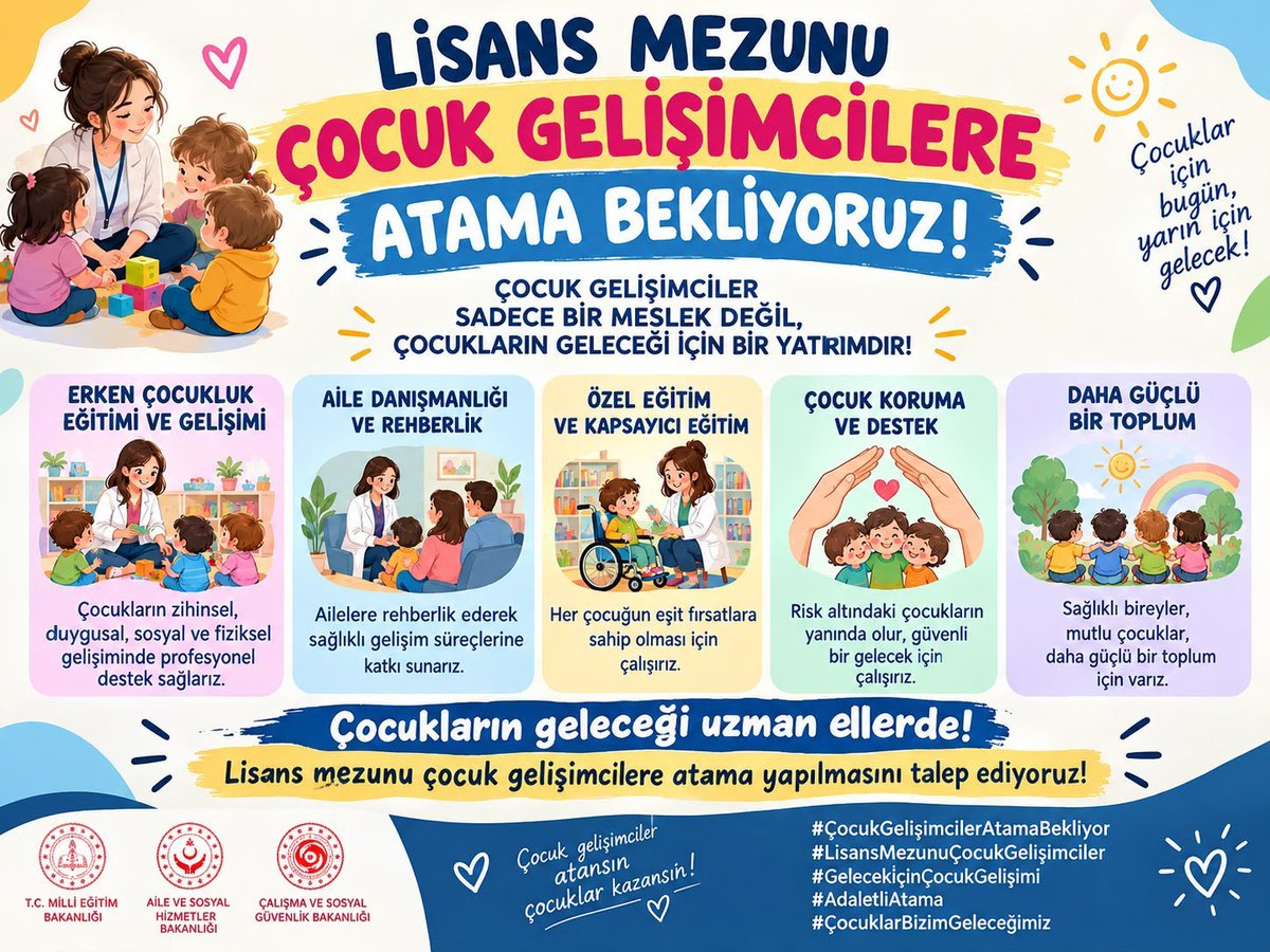 smnkayaa's tweet photo. Geleceğimizin mimarı çocukların uzman ellere ihtiyacı var. Sağlık Bakanlığı atamalarında çocuk gelişimcilerine hak ettiği kontenjan verilmelidir. @saglikbakanligi #SağlıkBakanlığı
@tcailesosyal
@HMBakanligi
#3BinlisansCocukGelisimci https://t.co/gxONHtvwk4