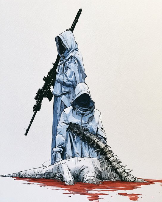 An artistic illustration of two figures in white hooded robes, one standing with a sniper rifle and another kneeling with a drill-like appendage, surrounded by a pool of red liquid that resembles blood.
