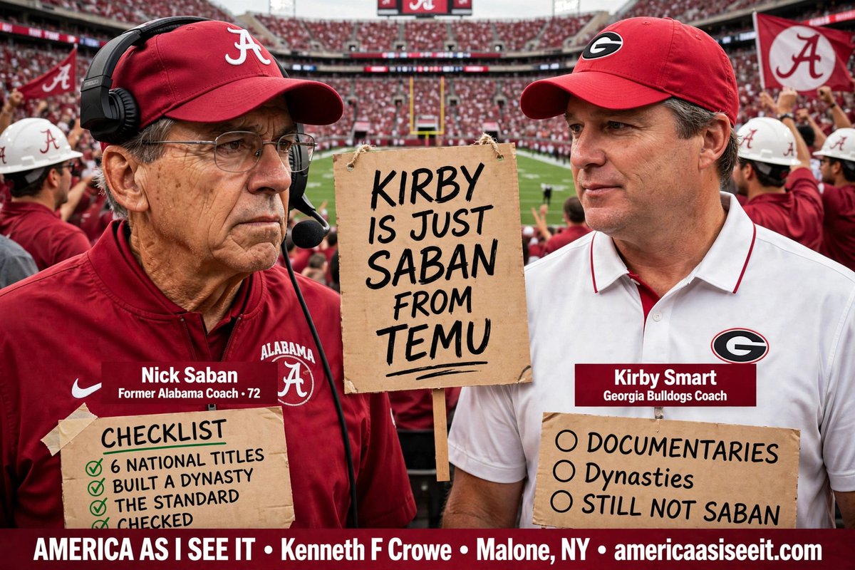 KennethFCrowe1's tweet photo. KIRBY IS JUST SABAN FROM TEMU 😂

6 National Titles vs. 0 Documentaries. Still Not Saban.

Bama fan sign of the year!

Roll Tide!

By Kenneth F. Crowe | Malone, NY | https://t.co/yEkBfIRpZa
#RollTide # Alabama # KirbySmart #NickSaban https://t.co/NJQmkNnW3b