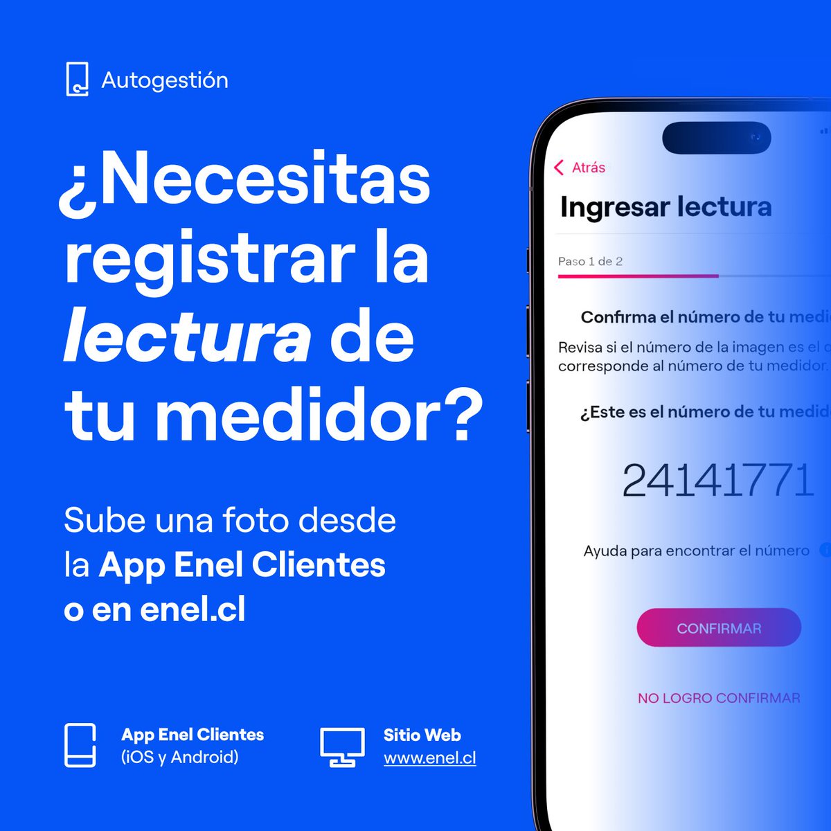 Enel_Informa_CL's tweet photo. Mantén actualizada la lectura de tu medidor registrándola de forma online.
👉 Ingresa tu lectura aquí: https://t.co/Hv19qlbdAP
Si tienes dudas, revisa el video paso a paso 👉 https://t.co/OKqpnJedN7
#EnelDistribución #LecturadeMedidor #eneldx https://t.co/nIlrebjgKm