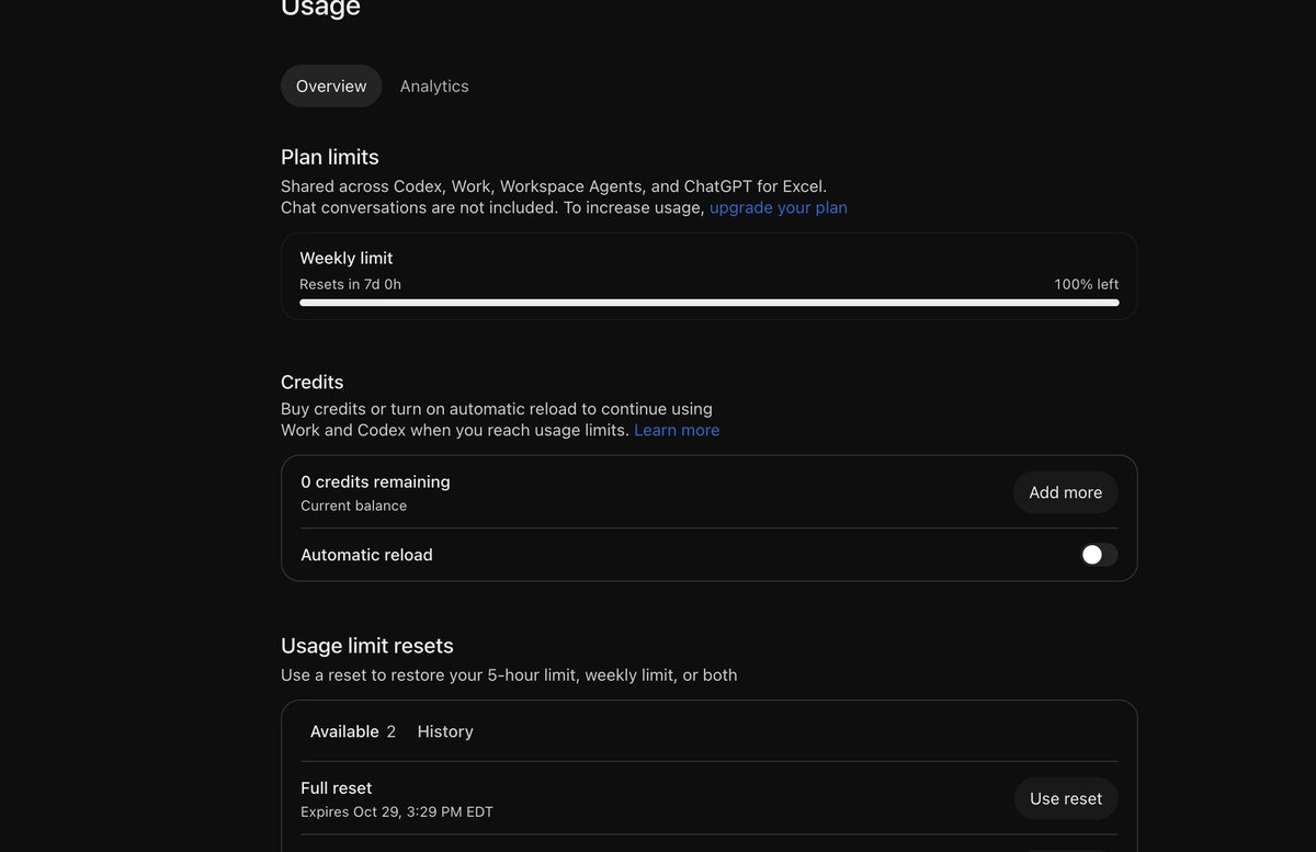 JC_Builds_AI's tweet photo. I have 6 Chat GPT accounts and I JUST FOUND OUT, my usage reset clock doesn't start until I start using it? Since when did this become a thing? I'm thankful for the resets @OpenAI @OpenAIDevs. But it seems a bit odd that this is a thing? Anyone else notice this? https://t.co/nSmsM6TuHr