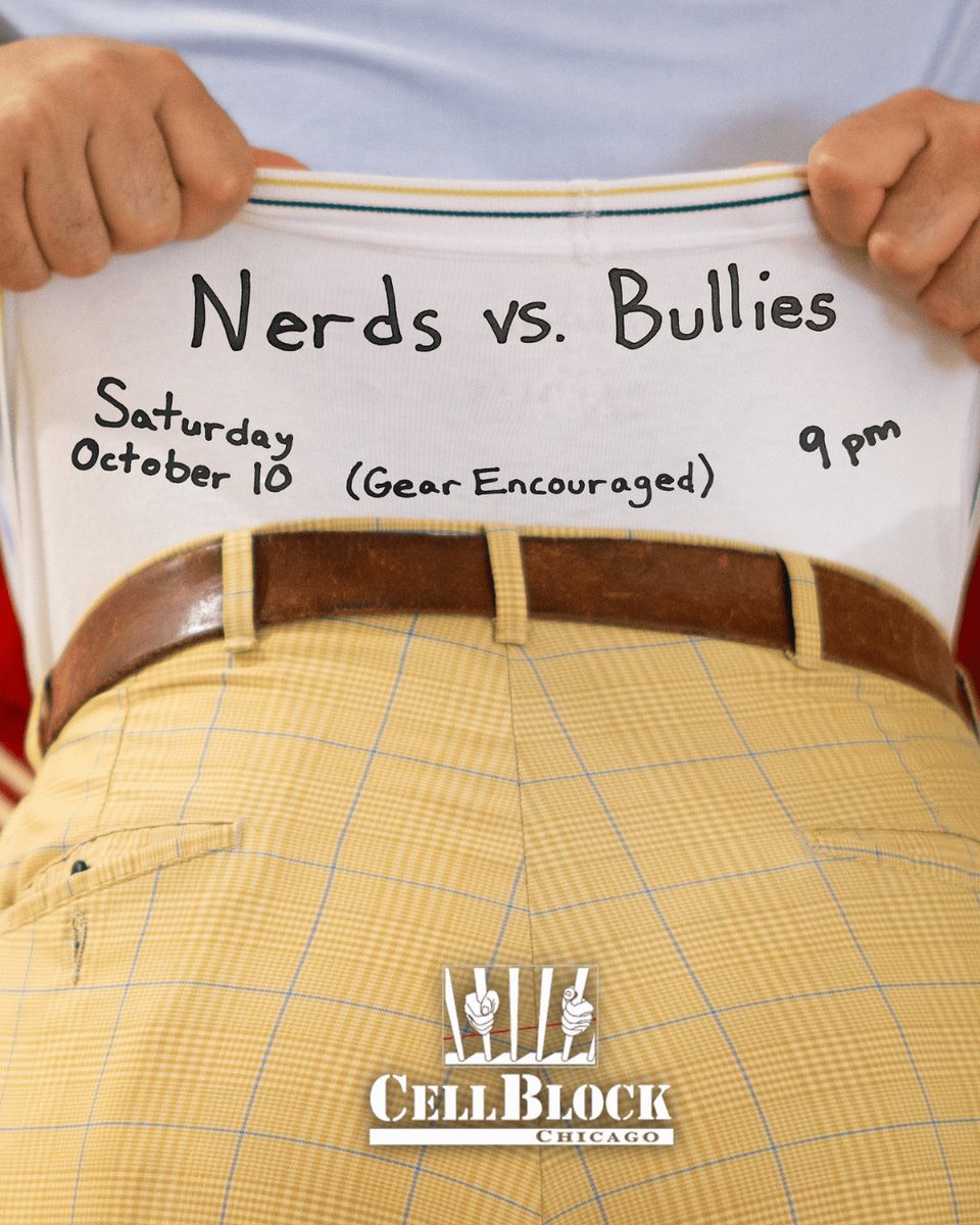 CellBlockChi's tweet photo. TWO BIG EVENTS TONIGHT! 
Saturday, October 10

Nerds vs Bullies 

Meet us in the back room and pick your side for consensual hazing, wedgies, and roleplay fun. 

Saturday, October 10 

Disco Bears on Uranus

DJ Zack from Sunday Bunday is leading the thirstiest bears in the galaxy on a mission to spread disco and love deep into Uranus. All disco all night. No cover. Free clothes check. 

#GETINHERE
