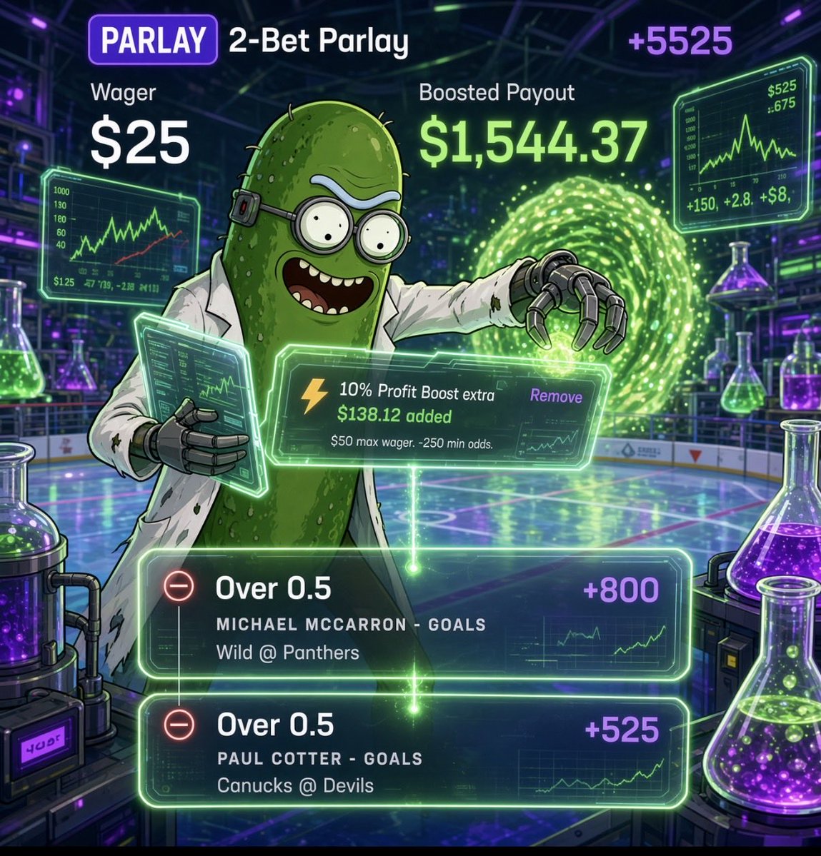bis_1k's tweet photo. PickleRick trying to learn this hockey stuff! A longshot I liked and a raggedy from @callmeauntie218 list I believe this gonna hit fr 🤞🏻👨‍🔬👀 #Gambling𝕏 #gambletwitter https://t.co/TAtC1YpYzp