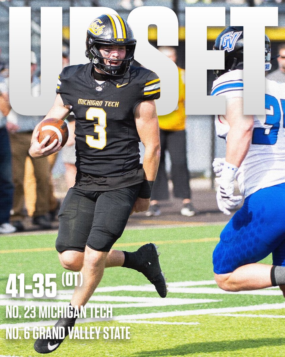 FloCollegeFB's tweet photo. STATEMENT WIN IN HOUGHTON🤯

No. 23 Michigan Tech defeats UNDEFEATED No. 6 Grand Valley State in an OT thriller ‼️

@GLIACsports | @MTUHuskies | @MTUFB

#GLIAC | Aug 27 - Nov 22 | Live on FloCollege 📺 https://t.co/OfkeZg68px