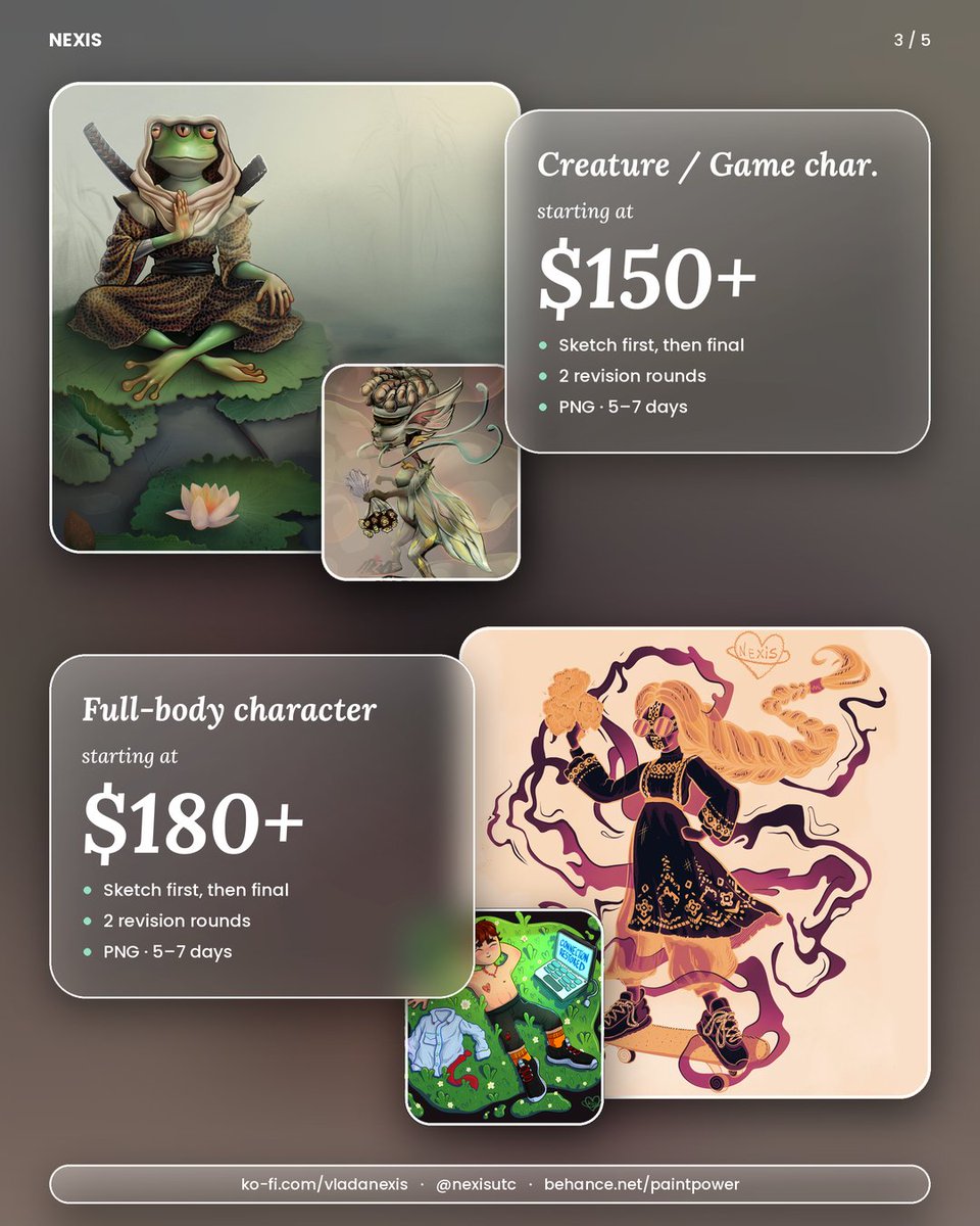NexisVlada's tweet photo. Commissions open! 🖤
2D characters, creatures, portraits, scenes &amp; covers.
3 slots left. Prices from $90, sketch first, 2 revisions included.
Details in the pics. Link below ⬇️
#commissionsopen https://t.co/sqiy4fWbkc