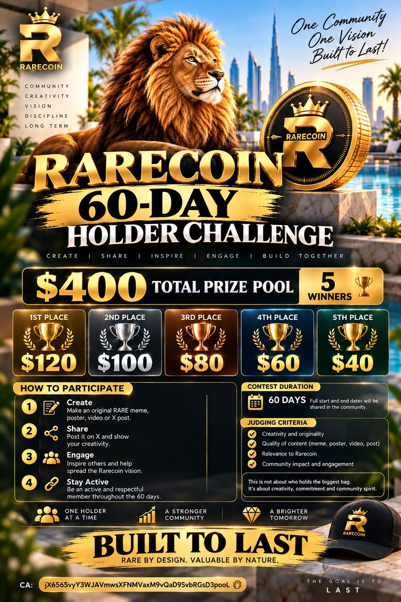 TherealRarecoin's tweet photo. THE RARECOIN 60-DAY HOLDER CHALLENGE IS HERE. 

Two months. 
One community. One vision. One goal 

BUILT TO LAST!

🏆 $400 TOTAL PRIZE POOL — 5 WINNERS!

🥇 1st Place — $120
🥈 2nd Place — $100
🥉 3rd Place — $80
🏅 4th Place — $60
🏅 5th Place — $40

HOW TO PARTICIPATE
✅ Create and share your best RARE memes, posters, videos, or original X posts or articles.
✅ Show your creativity and tell the Rarecoin story.
✅ Help spread the vision and strengthen our community.

Include the  Ca and tag  @therealrarecoin 

Stay engaged throughout the 60-day challenge.
This is about more than prizes. It's about creativity, commitment, community, and building something we are proud of.

You don't have to be the biggest holder to make a big difference. 

Every creative contribution gives our story another voice.

RARE BY DESIGN. VALUABLE BY NATURE.

We are not here for a moment. We are here to build with purpose, one holder at a time, one post at a time, one story at a time.

60 DAYS. 5 WINNERS. $400 IN PRIZES. ONE VISION.
The goal is to #LAST.

CA: jX6565vyY3WJAVmwsXFNMVaxM9vQaD9SvbRGsD3pooL

#RARE #Rarecoin #BuiltToLast