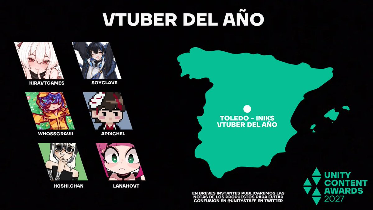 UnityAwards2027's tweet photo. 💚 Categoría: VTUBER DEL AÑO 🍃

1⃣: @kiravtgames.
2⃣: SoyClave_
3⃣: @gra4v1vtuber.
4⃣: @Apixchel08.
5⃣: @lNahoVT.
6⃣: @h0shi_ch4n.

🔹#UnityAwards2027🔹 https://t.co/34FWJN9VCU