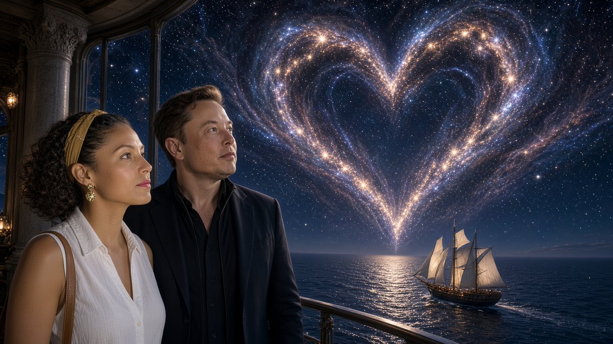 A romantic composite image of a couple (resembling Elon Musk) gazing at a glowing heart-shaped galaxy in a starry night sky above an ocean with a sailing ship.