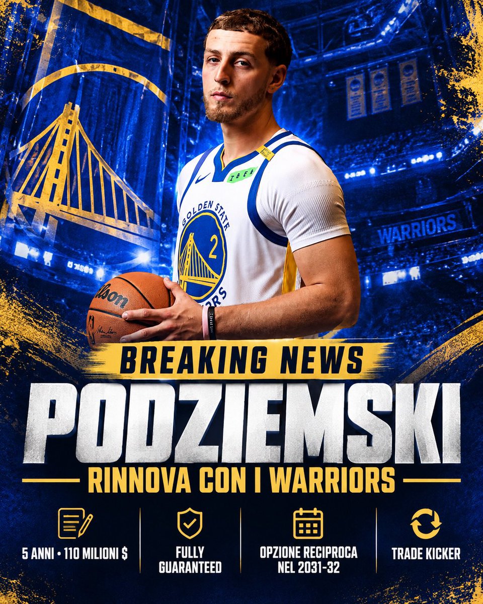 GoldenS49860461's tweet photo. 𝐏𝐎𝐃𝐙 𝐑𝐈𝐍𝐍𝐎𝐕𝐀

Brandin Podziemski e i Golden State Warriors hanno raggiunto un accordo per un’estensione contrattuale di 5 anni e 110 milioni di dollari, interamente garantiti.

 https://t.co/On6syTLVYQ https://t.co/yboHp3uZlH
